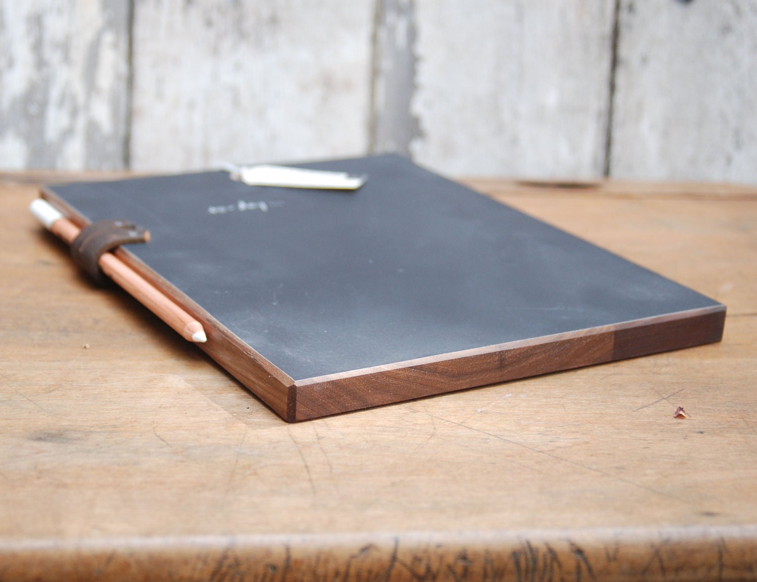 Chalkboard Pad: Reclaimed wood and leather.