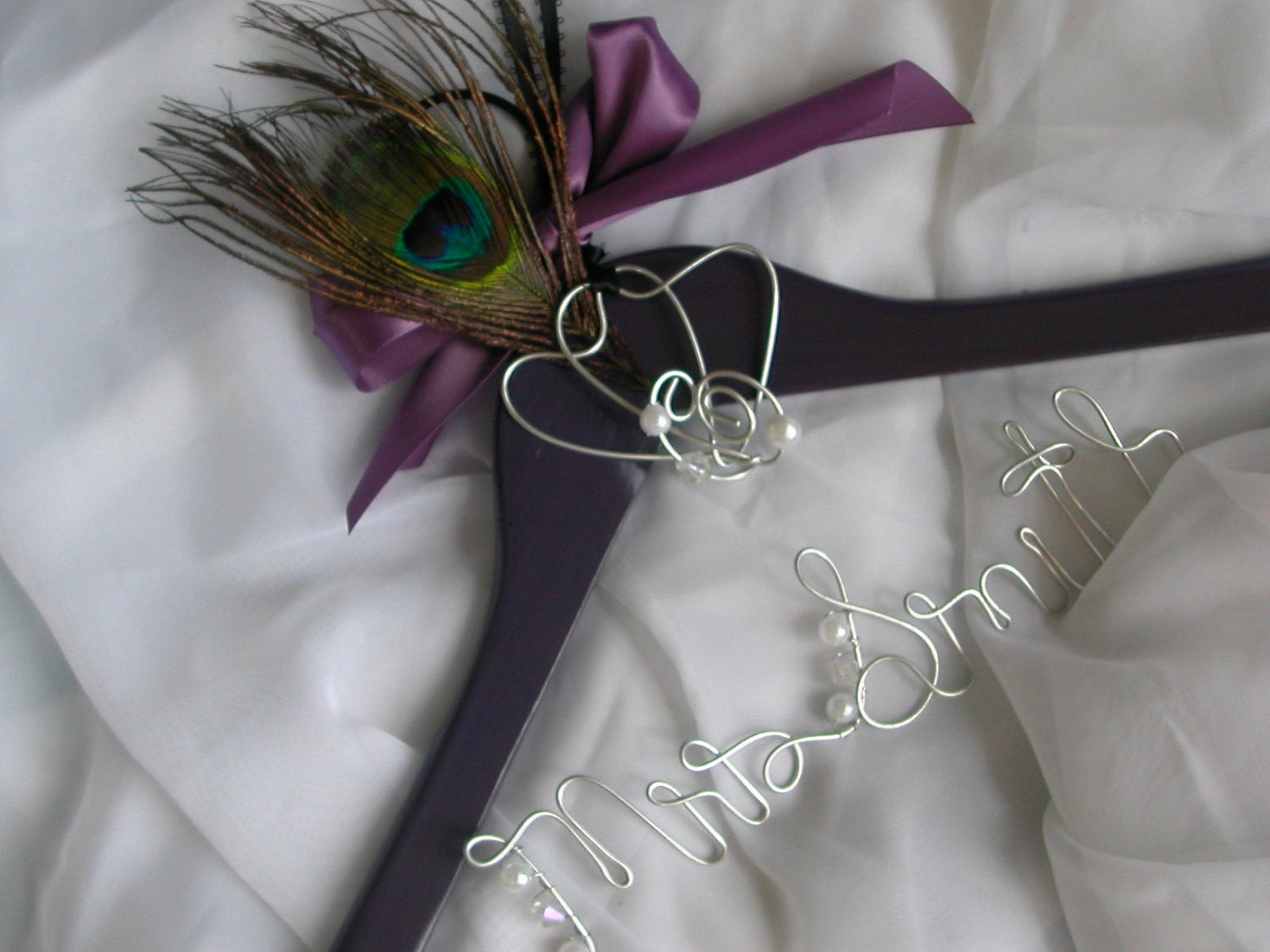 Personalized Bridal hanger "PURPLE PEACOCK " Wire name hanger,Last name hanger,Wedding dress hanger,Custom hanger,Bride coat hanger