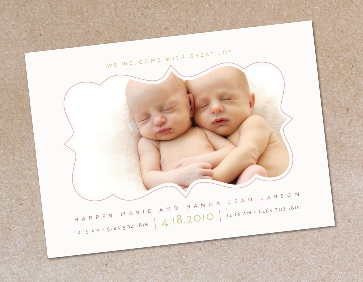 Sweet Shape - Photo Birth Announcement - Baby Girl or Twins
