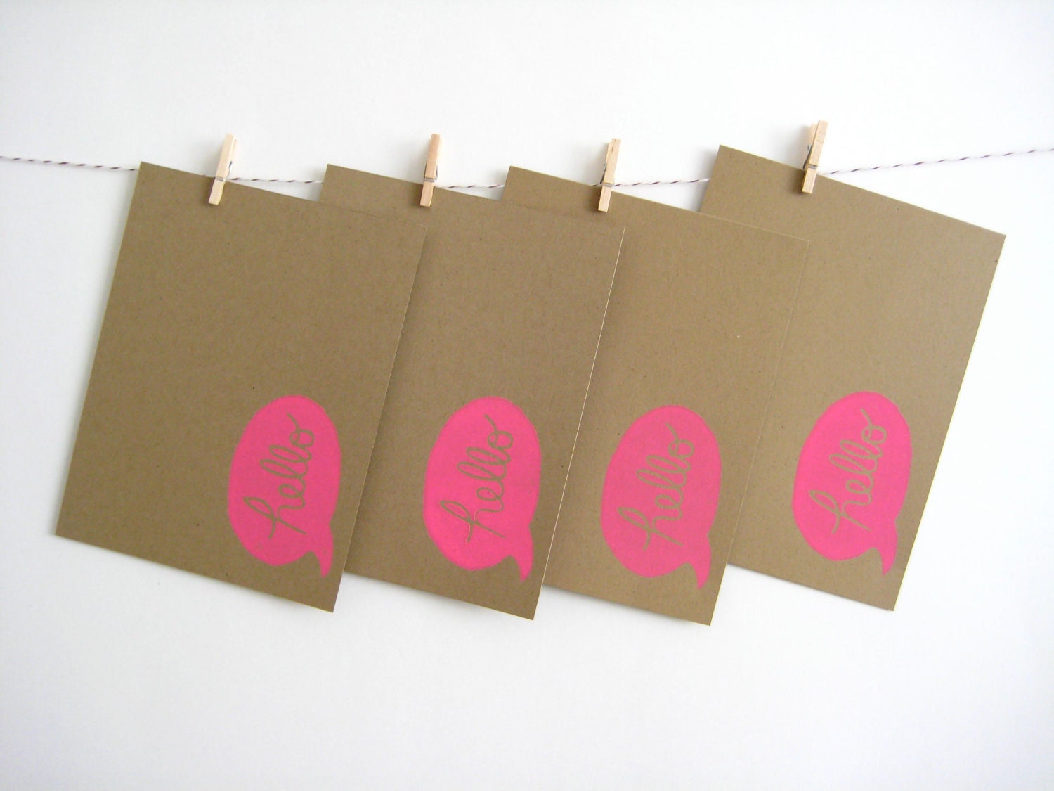 Neon Pink Hello Flat Notecards -  Set of 4 on Kraft Paper