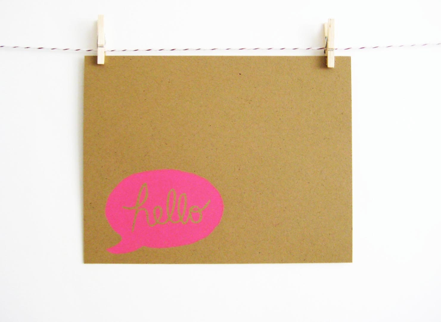 Neon Pink Hello Flat Notecards -  Set of 4 on Kraft Paper