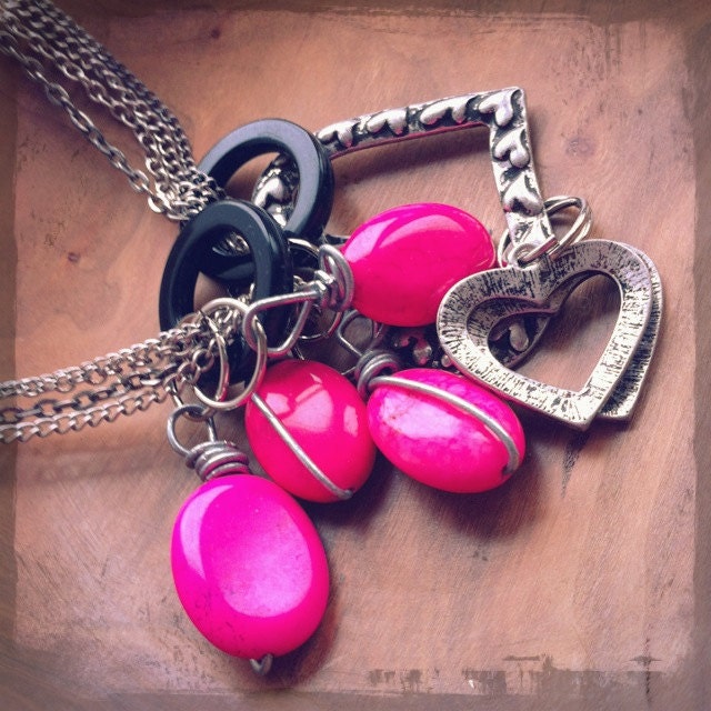 Pink and Metal Hearts Charm Necklace
