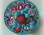 Aqua and Red Adjustable Button and Crystal Bead Ring