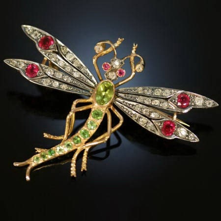 Antique dragonfly brooch - Antique diamond green demantiod red ruby yellow gold Art Nouveau jewelry