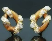 Tiger Eye Clip Earrings - Yellow gold diamond tigers eye stone French jewelry 1980