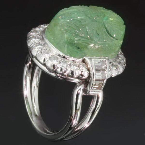 Natural emerald engagement ring diamond 14k white gold 1950s Vintage jewelry