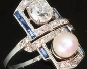 Great Gatsby Pearl Diamond Engagement Ring Sapphire Art Deco Jewelry 1920s