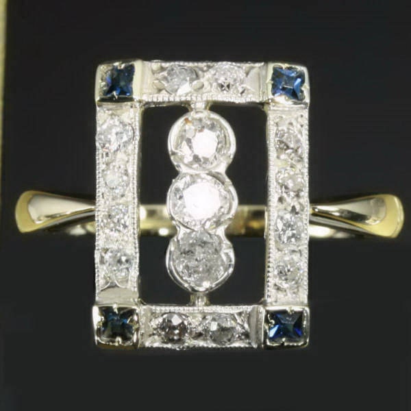 Quality Art Deco Diamonds & Sapphires Ring 18K Gold