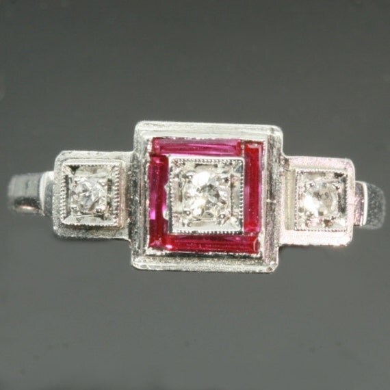 RESERVED Art Deco ruby diamond engagement ring platinum band fine vintage jewelry - Bague Art Déco