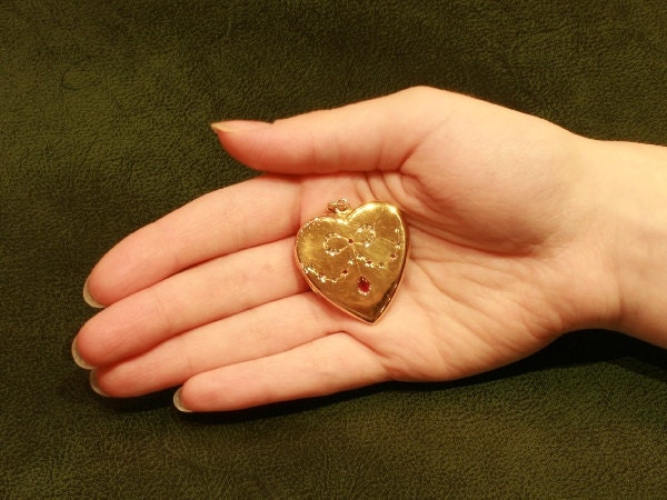 Heart shaped locket ruby diamonds made in France Antique Jewelry