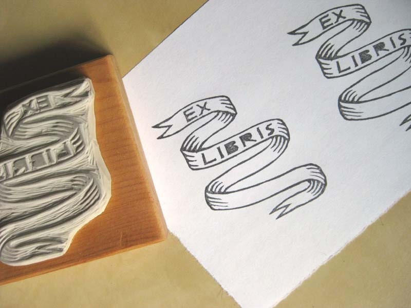 Ex Libris Banner / Bookplate - Hand-Carved Rubber Stamp - Custom Name Option