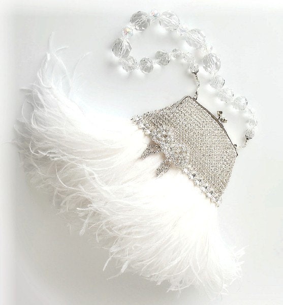 ON SALE Rhinestone Bridal Clutch Purse Vintage Style with White Ostrich Feathers, Rhinestone Bow Accent, and Beaded Handle/Necklace