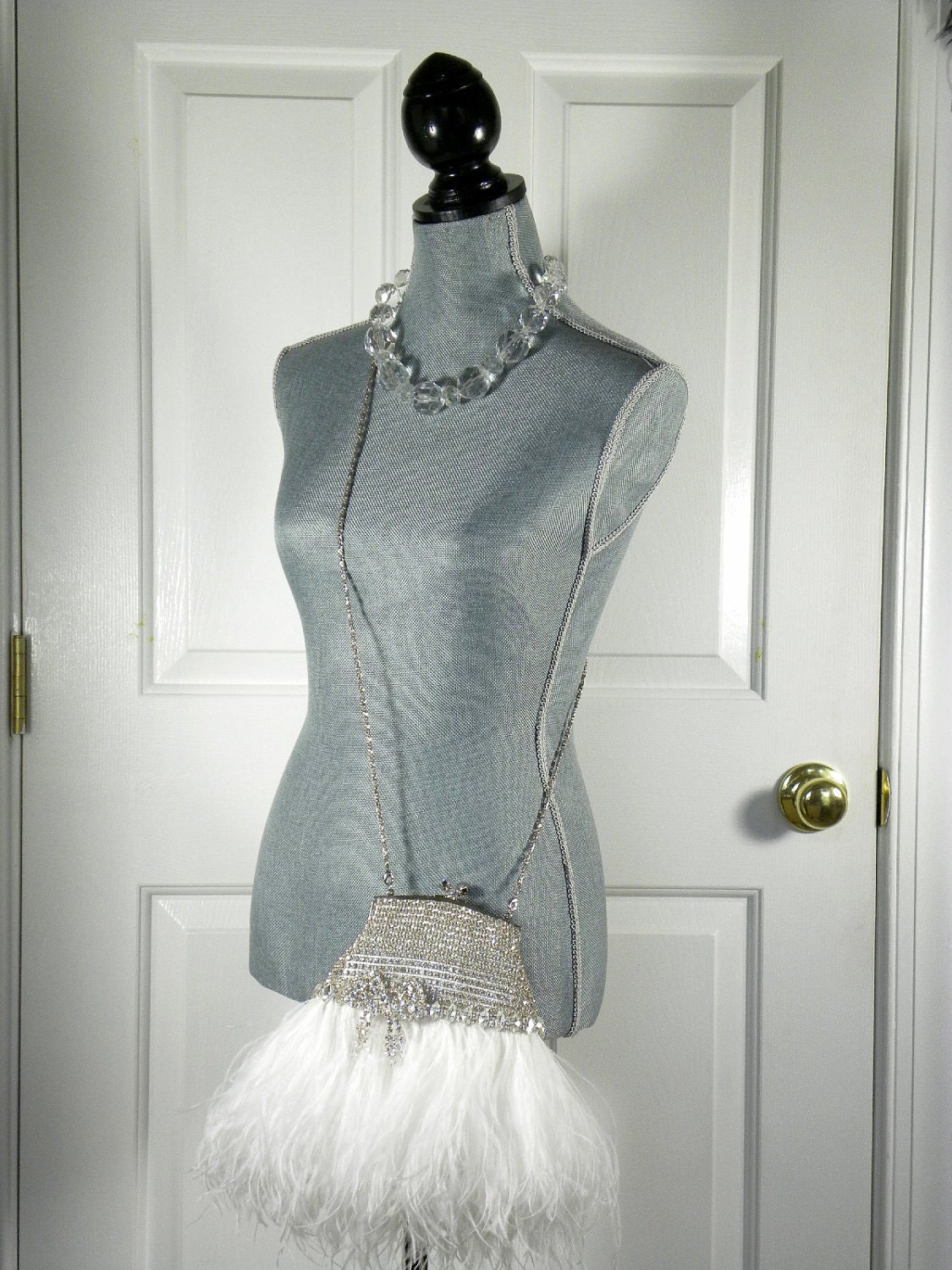 ON SALE Rhinestone Bridal Clutch Purse Vintage Style with White Ostrich Feathers, Rhinestone Bow Accent, and Beaded Handle/Necklace