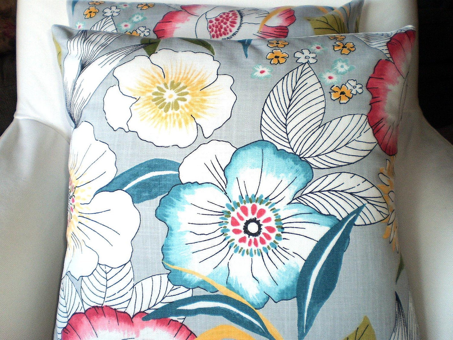 Pillow Decorative Pillows Throw Pillow Cushion Covers Gray Aqua Raspberry Yellow Green BOTH SIDES - Two 18 x 18