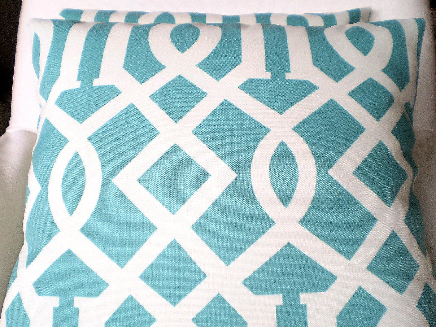 OUTDOOR Pillows Decorative Pillows Throw Pillow Cushion Covers Turquoise Cream Trellis Indoor Outdoor BOTH SIDES - Pair of 16 x 16