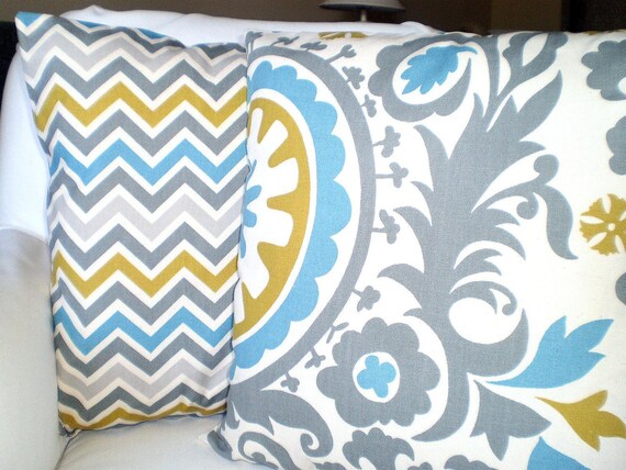 Pillows Decorative Pillows Accent Pillows Throw Pillow Covers Gray Citrine Aqua Cream Suzani Zig Zag Chevron BOTH SIDES - Combo Set 18 x 18