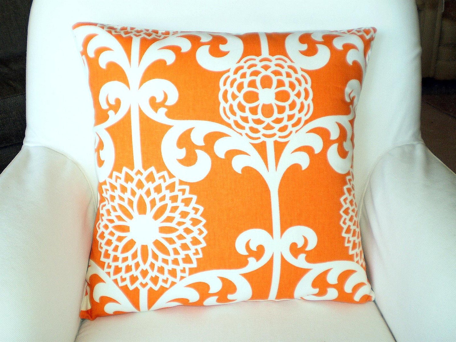 Decorative Pillow Accent Pillows Throw Pillow Cushion Covers Orange Cream Fun Floret Mod Large Floral BOTH SIDES - Pair of Two 16 x 16