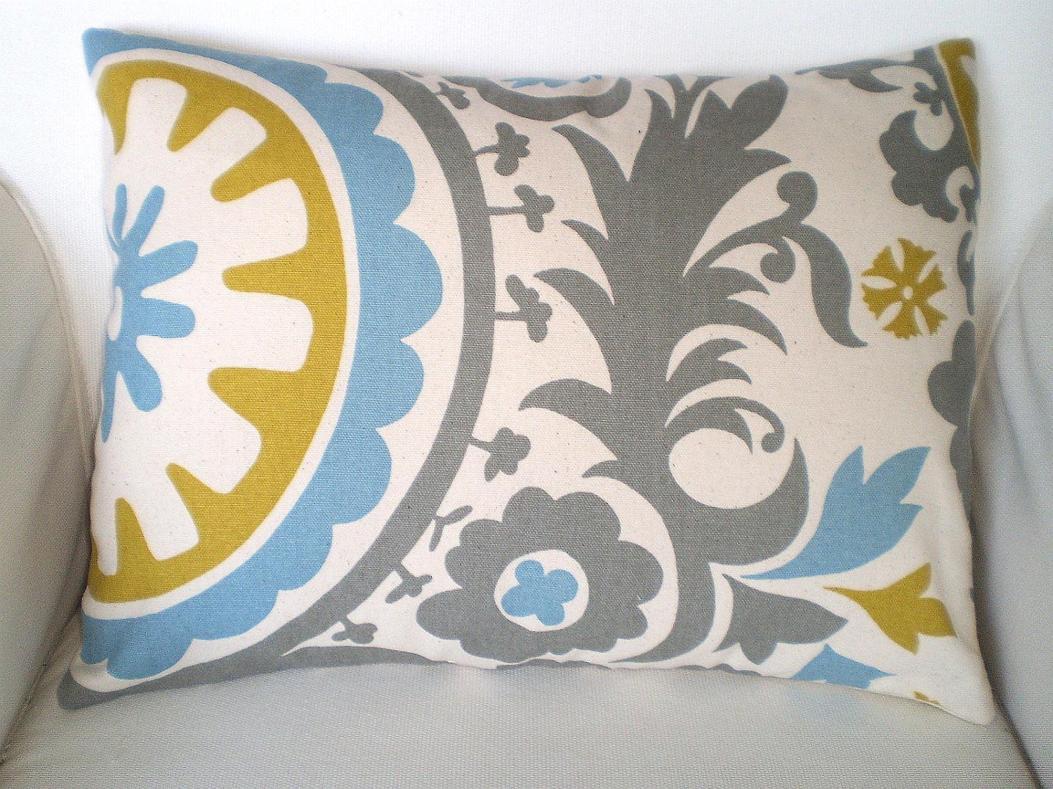 Pillows Decorative Pillows Throw Pillows Cushion Covers Gray Citrine Aqua Cream Suzani  BOTH SIDES - One 12 x 16