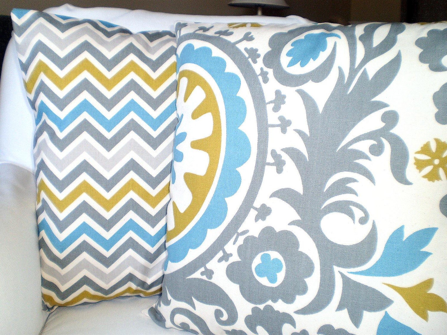 Pillows Decorative Pillows Accent Pillows Throw Pillow Covers Gray Citrine Aqua Cream Suzani Zig Zag Chevron BOTH SIDES - Combo Set 18 x 18