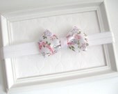 Cottage Chic Baby Flat Boutique Bow Headband Country Garden White with Flowers Baby Headband Infant Headband Toddler Headband