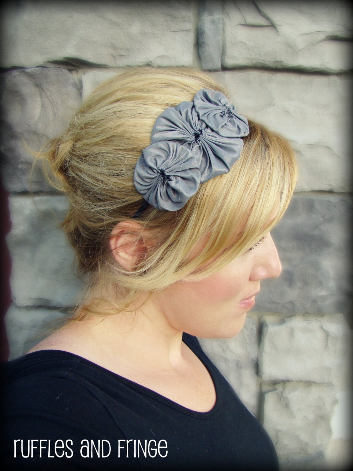 Charcoal Grey Rosette Flower Headband for Women and Girls