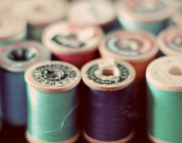 Still Life Craft Photograph, Spools, 8x10 Print, Vintage Thread, Pastel, Mint Green, Purple, Fine Art Photo