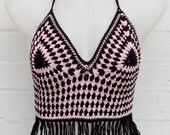 Black and Pink Cotton Acrylic halter with fringe - ties at back and at neck.