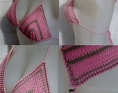 Hand crocheted  Cotton Bikini Top in Pink and Beige Size - Small to Med Ladies