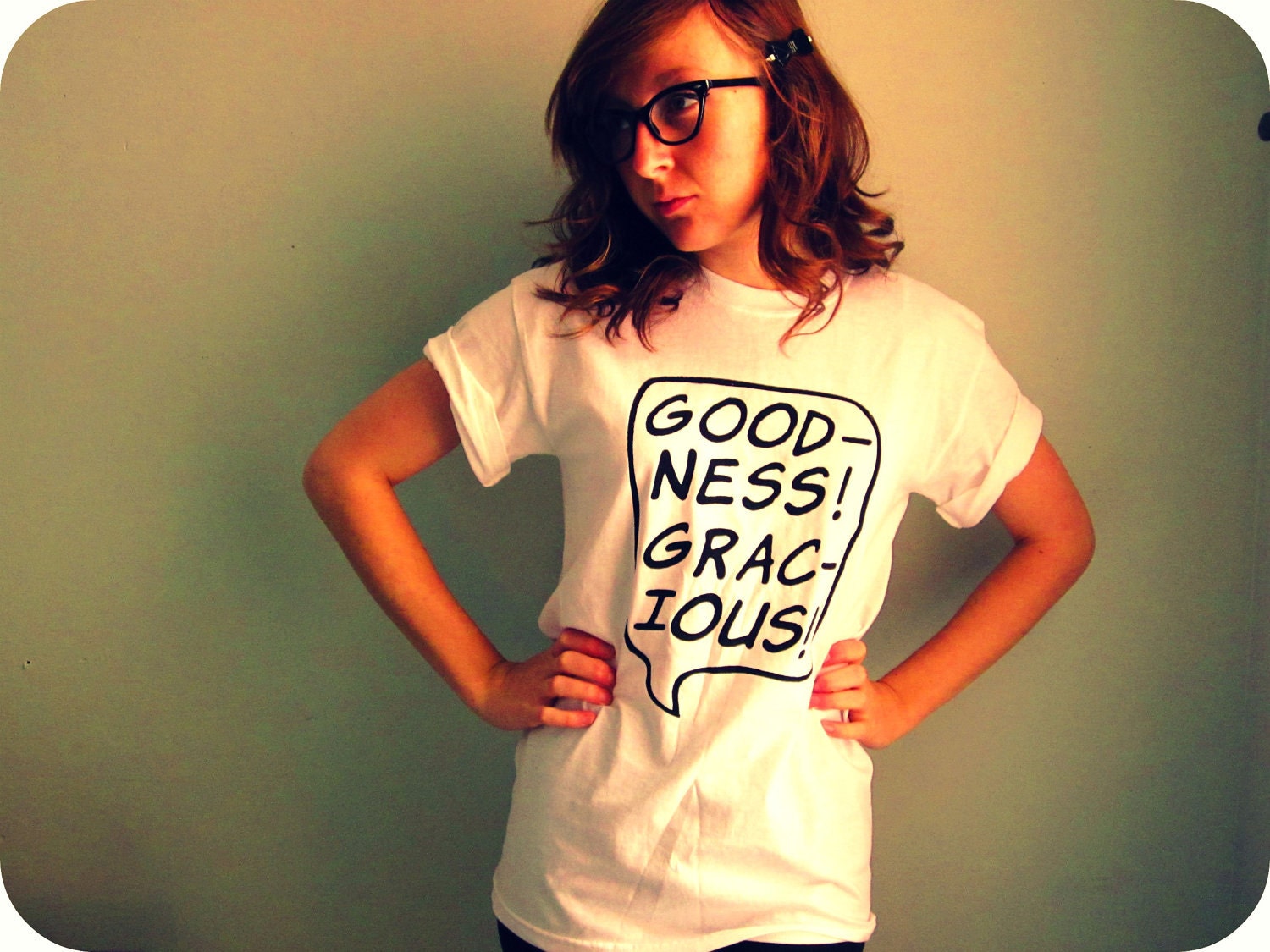 vintage inspired screenprint GOODNESS GRACIOUS handmade t shirt retro text design