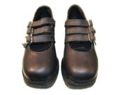 Vintage John Fluevog Black Leather Three Strap Mary Jane Crepe Sole Shoes from England Wms 8