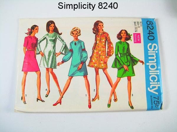 Vintage Dress Pattern - Simplicity 8240 - Vtg 1967 Misses' Retro Mini Dress with 3 Sleeve Variations - SZ 8
