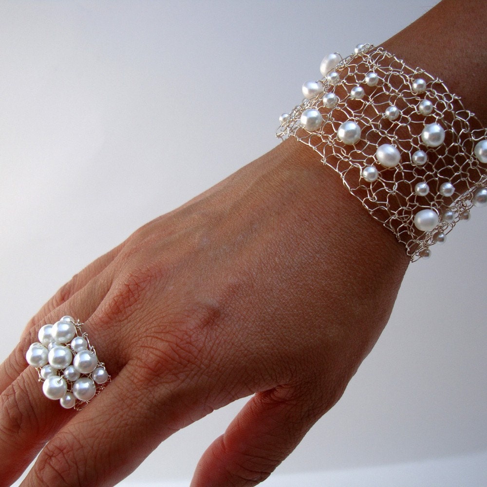 June Birthstone White Pearl Cuff Bracelet & Cocktail Ring Set 2 pc Wedding Birthday Summer Jewelry OOAK Unique wire knit freshwater pearls