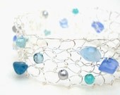 Shades of the Sea Silver Wire Cuff  Mermaid Sea Glass Bracelet Chic Modern blue aqua teal jade - lapisbeach