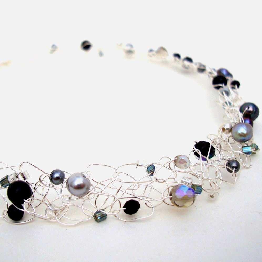 Black Pearl Choker Collar hand knit wire lace pearl crystal necklace / midnight charcoal gray grey black silver storm