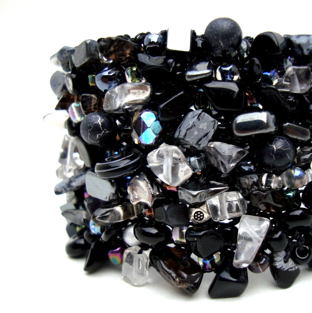 Snowflake Obsidian Black Grey Silver Cuff Bracelet Heavy Beadwork Statement Arm Cuff Lapisbeach Hand Knit Semi Precious Stones