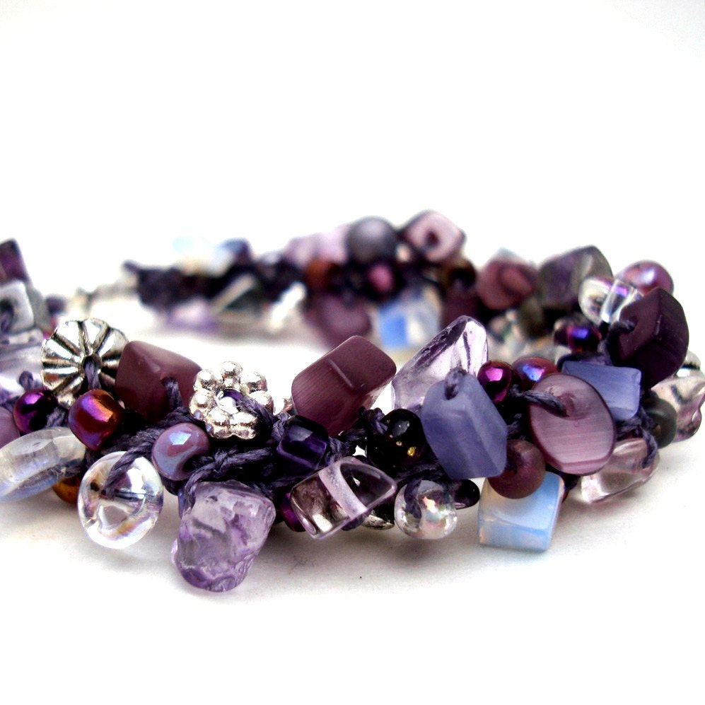 Amethyst Lavender Stone Bracelet Purple Bangle Unique Hand Knit Jewelry plum silver semi precious stones
