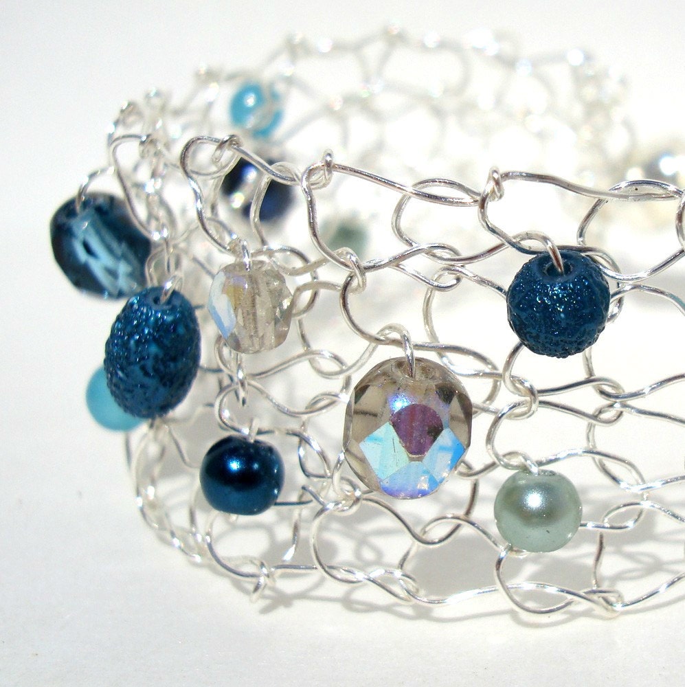 Deep Teal Pearl Cuff Bracelet Wedding jewelry Wire Knit Cuff Green Peacock Blue Knitted wearable art pearl and crystal bridal jewelry