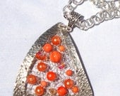 Orange Geometric Pendant and Chain Silver Tangerine Dreamcatcher Necklace Unique Wire Knit Jewelry Geometry Triangle Pearl Crystal
