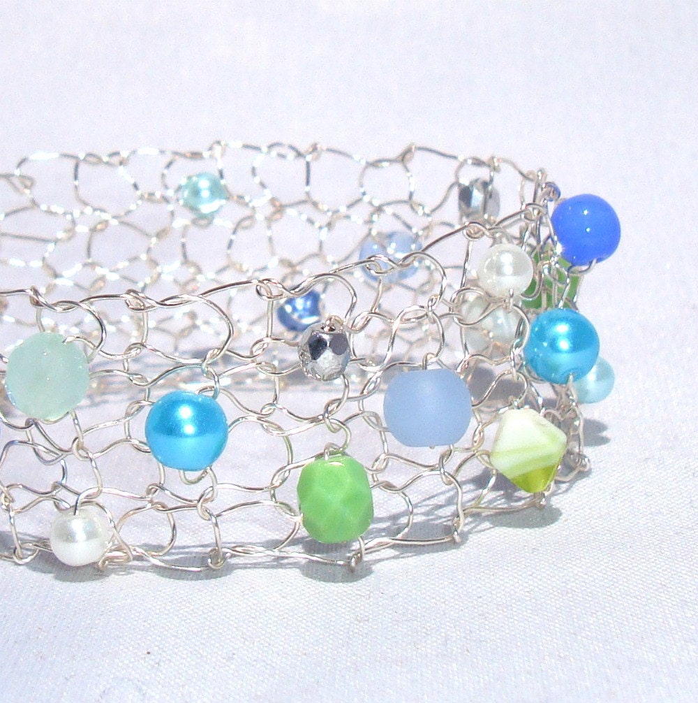 Colorful Beaded Wire Knit Cuff Bracelet thin metallic lace knit cuff  / Aqua Turquoise Lime White Silver Summer Beach Ball Cuff