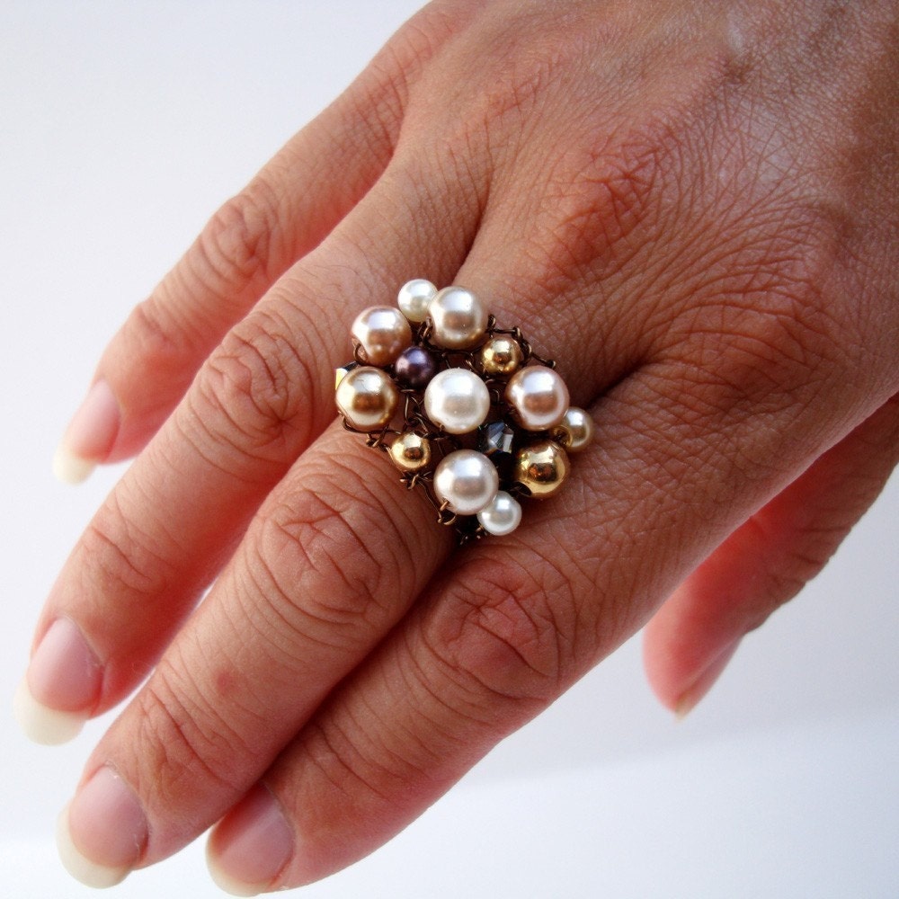 Copper Ivory Pearl Cocktail Ring Large Cluster of Pearls and Crystal Ring Big Wire Knit Jewelry
