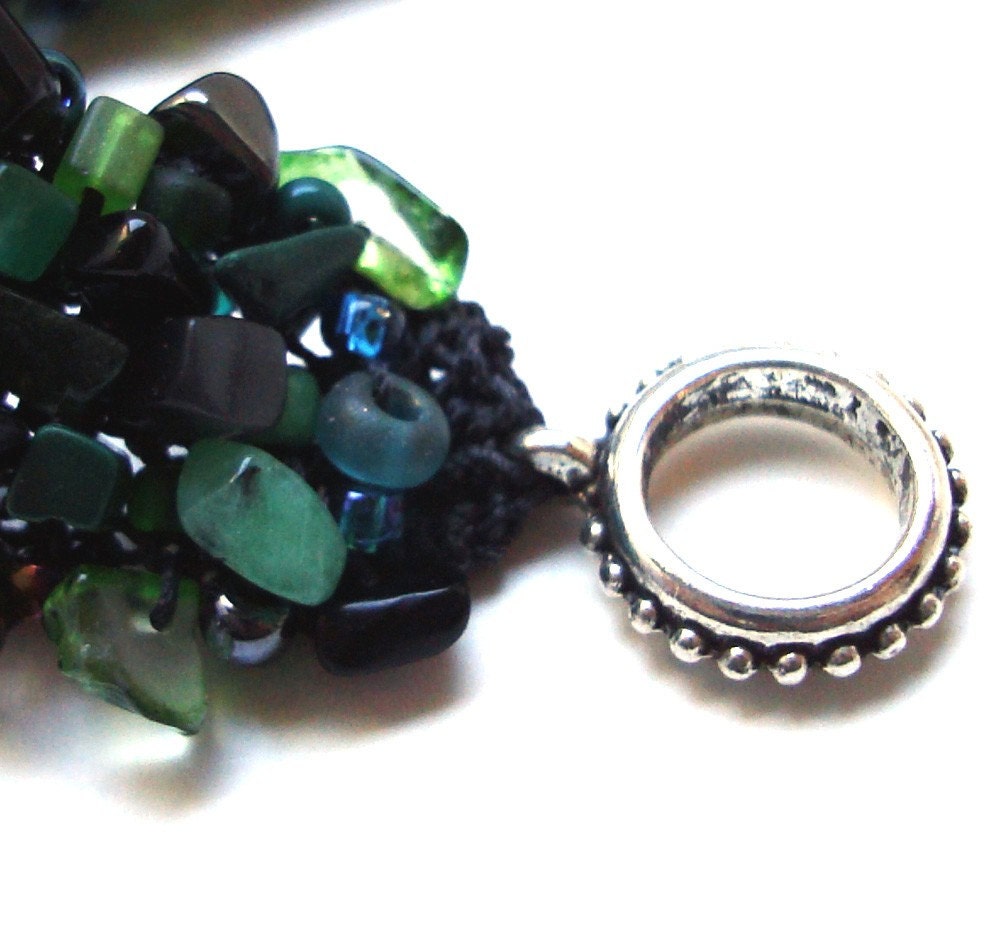 Bracelet Green Emerald Ilse Cuff - original lapisbeach hand knit beaded bracelet in gorgeous semi precious greens and black