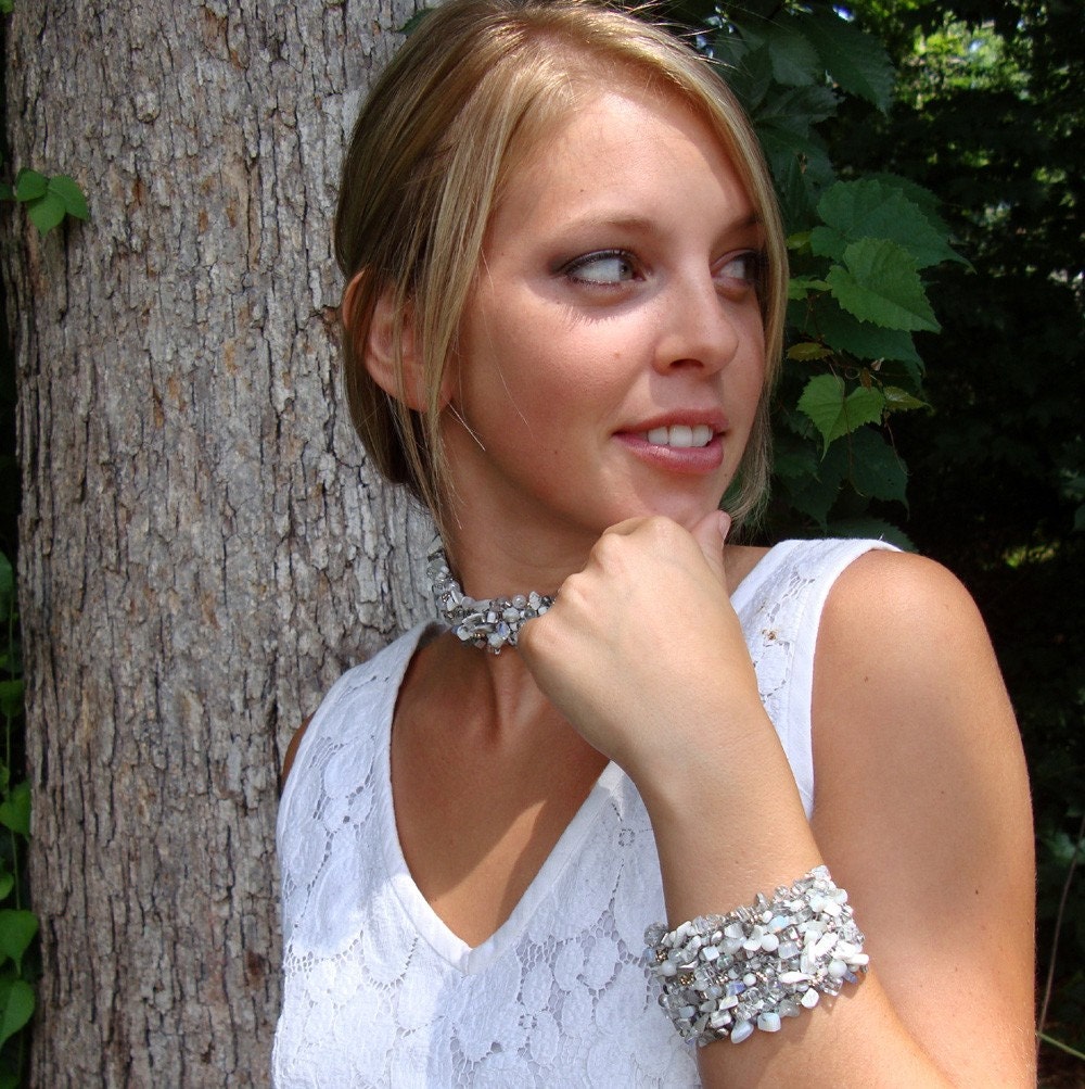White Stone Statement Cuff. Original Jewelry. GLAM White Silver Grey Crystal Bracelet Hand Knit Art, Golden Globes Celebrity Gift Lounge