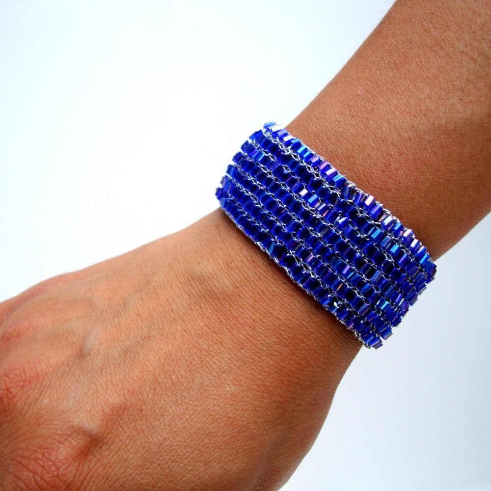 Neon Blue Bracelet - Cobalt Reversible Statement Cuff, Sapphire, Silver, Gray Rainbow, Mod, Neon  Jewelry