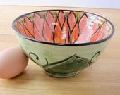 Ceramic Bowl Earthenware Majolica Clay Pottery Serving Kitchen Red Orange Lotus Bowl on Olive Green