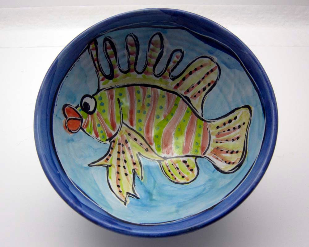 Handmade Ceramic Pottery Majolica Bowl Serving Earthenware Clay Lion Fish Blue and Yellow Gold