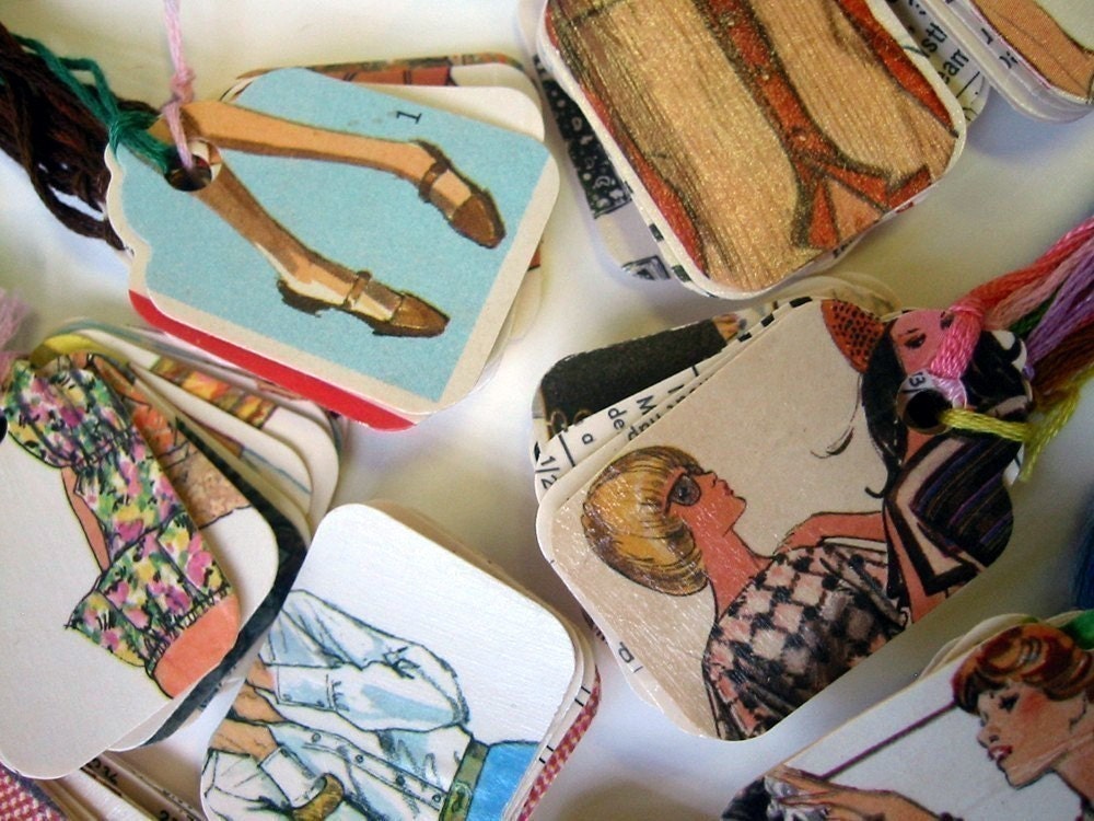 Vintage Sewing Pattern Packaging Collage Gift Tags- One Dozen