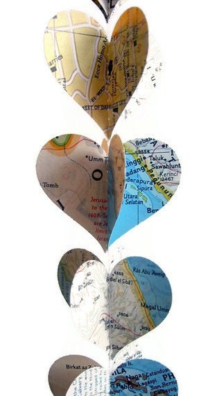 WHOLESALE- Map Heart Garlands- Ready to Ship- Repurposed Vintage National Geographic Atlas- 10 Handmade Mini Map Heart Decorations