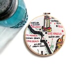 Embroidery Hoop Wall Hanging- Repurposed Vintage California Tablecloth- Los Angeles- 6 inches in Diameter- Ready to Ship