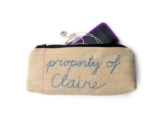 Custom Zipper Pouch Pencil Case- property of- Personalize Your Own- Notebook Paper Fabric- Repurposed Denim Jeans and Vintage Fabric Lining