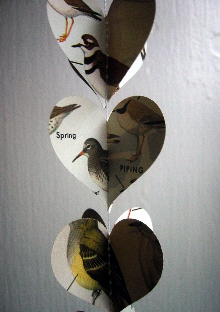 Heart Garland- Birds- Paper Decoration- Vintage Field Guide to Birds